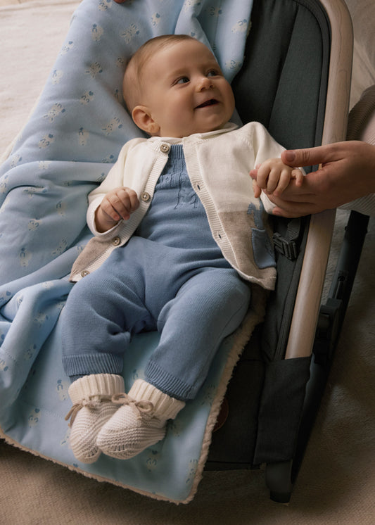 Mayoral Baby Boy 3-Piece Knitted Dungaree Set | Blue & Cream Bunny Cardigan, Polo Top & Romper (0–18M)