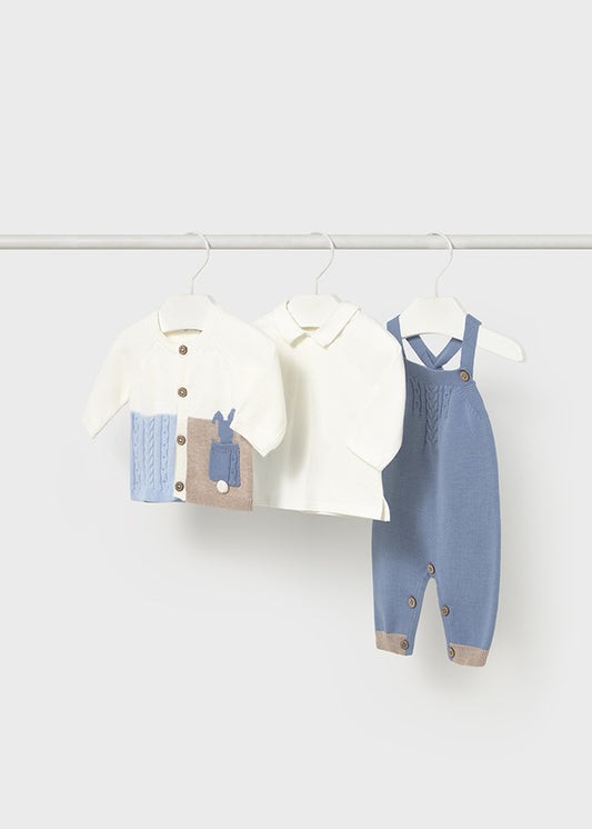 Mayoral Baby Boy 3-Piece Knitted Dungaree Set | Blue & Cream Bunny Cardigan, Polo Top & Romper (0–18M)