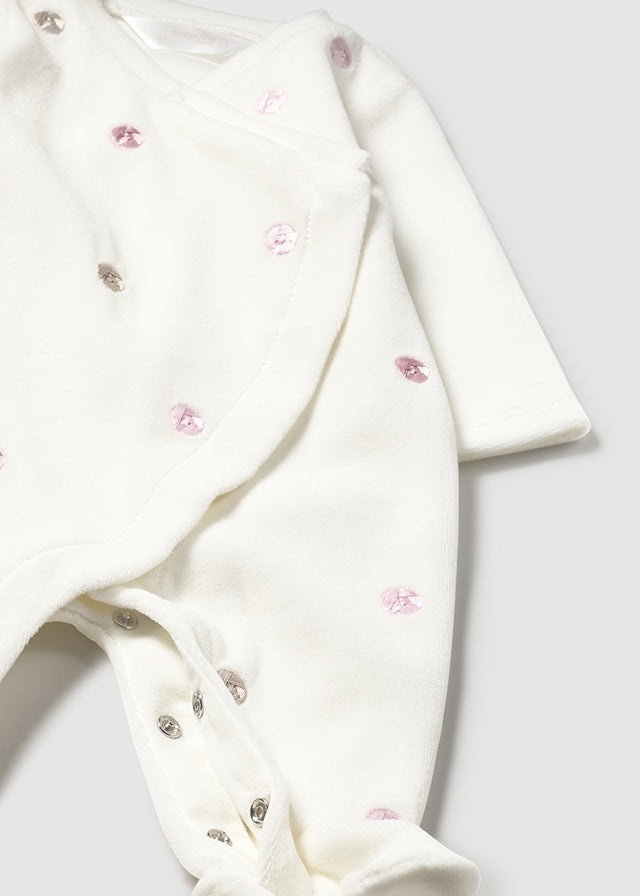 Mayoral Baby Girl Cream Velour Babygrow | Pink & Gold Embroidered Rose Sleepsuit with Ruffle Trim (0–18M)