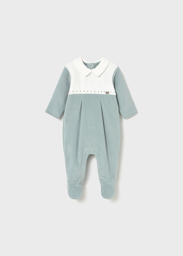 Mayoral Baby Boy Velour Babygrow | Soft Sage Green or Blue with Collar & Stitch Detail (0–18M)