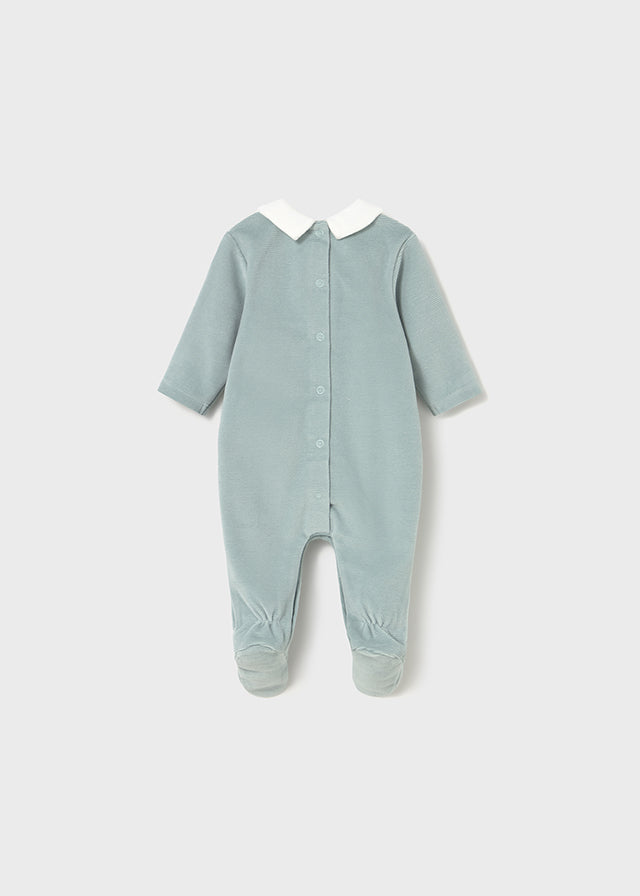 Mayoral Baby Boy Velour Babygrow | Soft Sage Green or Blue with Collar & Stitch Detail (0–18M)