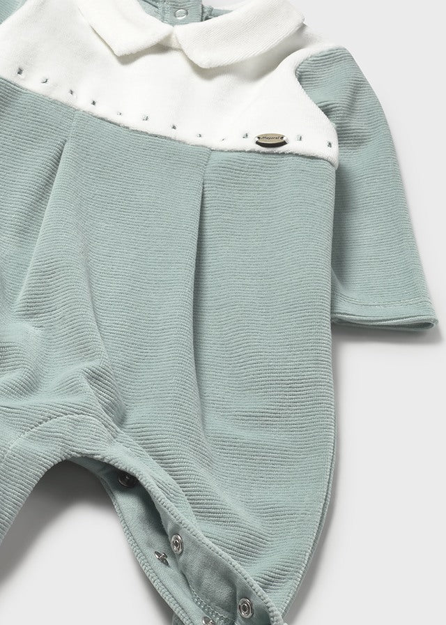 Mayoral Baby Boy Velour Babygrow | Soft Sage Green or Blue with Collar & Stitch Detail (0–18M)