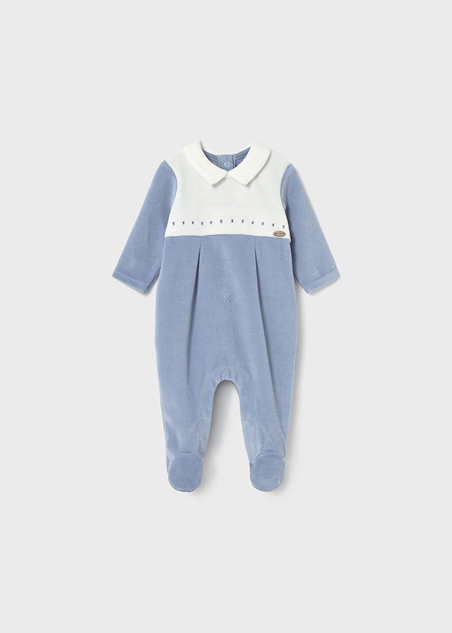 Mayoral Baby Boy Velour Babygrow | Soft Sage Green or Blue with Collar & Stitch Detail (0–18M)