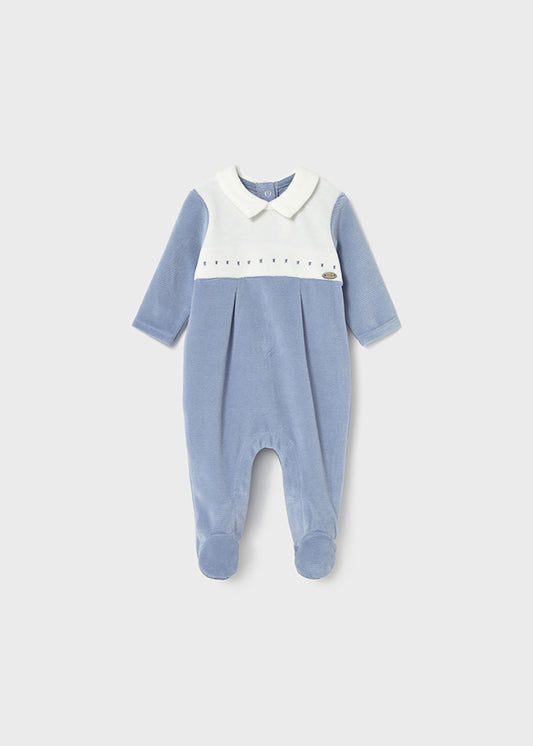 Mayoral Baby Boy Velour Babygrow | Blue with Collar & Stitch Detail (0–18M)