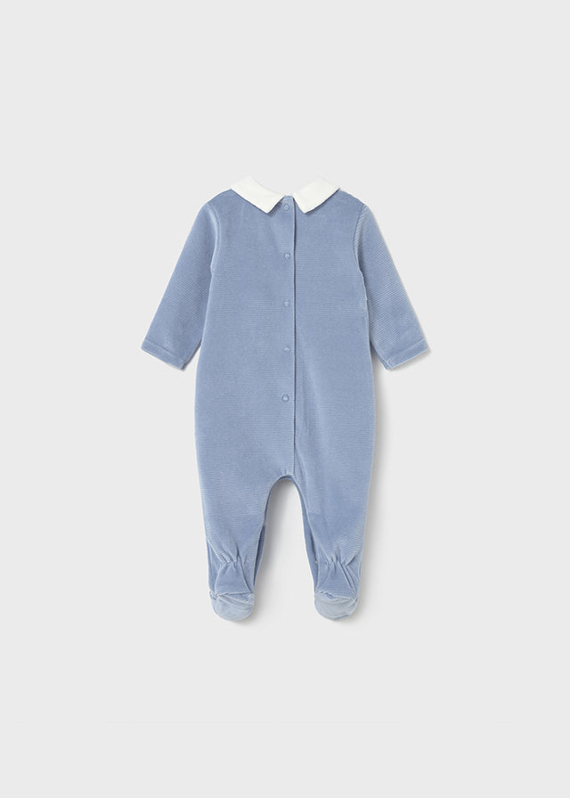 Mayoral Baby Boy Velour Babygrow | Soft Sage Green or Blue with Collar & Stitch Detail (0–18M)
