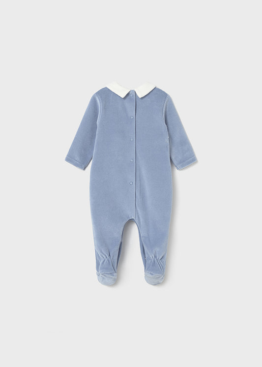 Mayoral Baby Boy Velour Babygrow | Blue with Collar & Stitch Detail (0–18M)