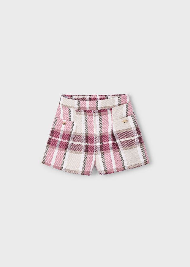 Mayoral Girls Pink & Burgundy Check Short Set | Winter Shorts Set with Gold Button Detail (4–10 Years)
