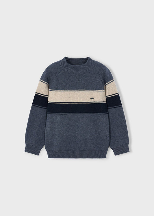 Mayoral Boys Blue & Beige Striped Knit Jumper | Smart Casual Winter Sweater (4–10 Years)