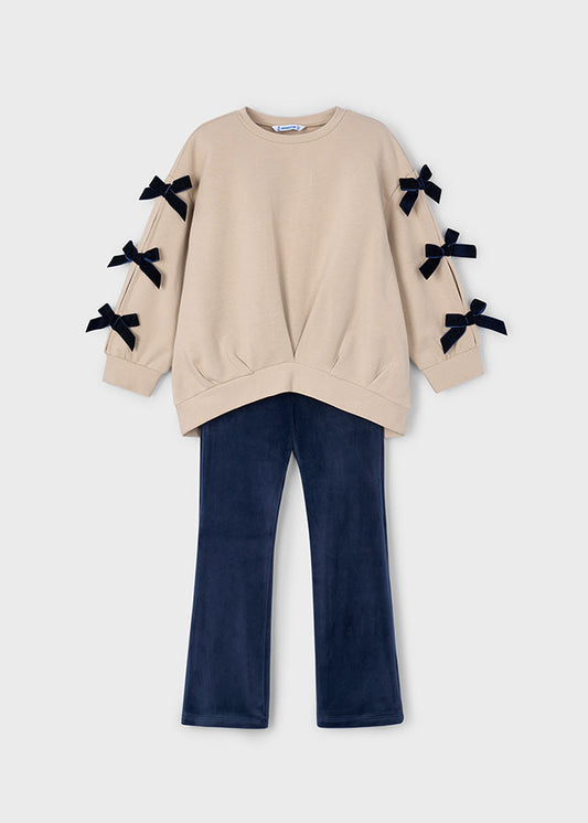 Mayoral Girls Beige Sweatshirt & Navy Leggings Set | Bow Sleeve Detail Co-ord (4–10 Years)