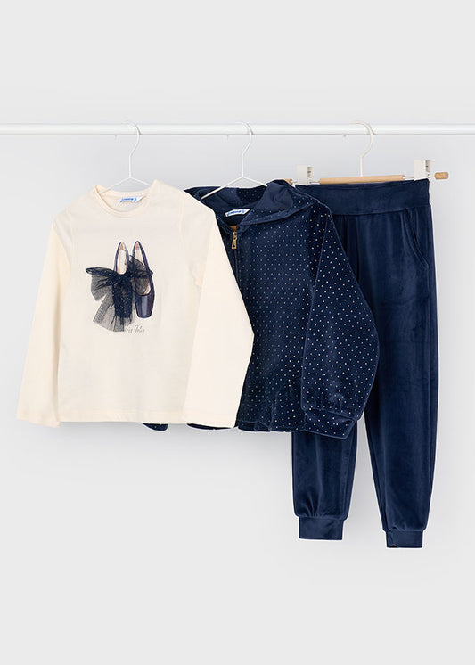 Mayoral Girls 4-Piece Navy Velour Tracksuit Set with Cream Ballet Top & Matching Tulle Bow Headband (4–10 Years)