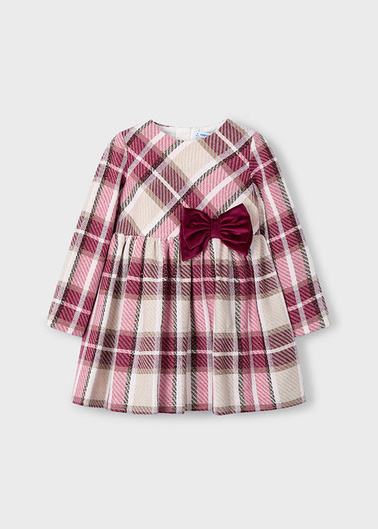 Mayoral Girls Pink & Burgundy Check Dress | Winter Occasion Dress with Velvet Bow (4–10 Years)