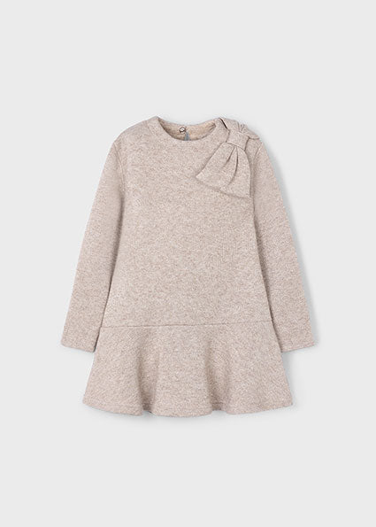 PRE-ORDER Mayoral Girls Beige Knit Bow Dress | Soft Drop Hem Long Sleeve Dress (4-6 Years)