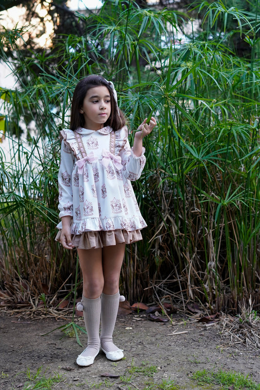 Babiné Carousel Print Dress with Pink Bows & Frill Hem | Spanish Girls Dress (2–5 Years)
