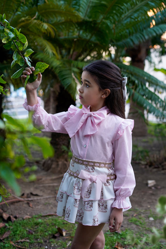Babiné Girls Pink Blouse & Carousel Print Skirt Set | Spanish Occasionwear Outfit (6–14 Years)