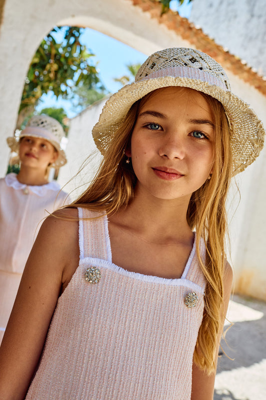 Patachou Girls Blush Pink Tweed Textured Dress  | Blush Pink Inspired Summer Dress (6-10 Years)