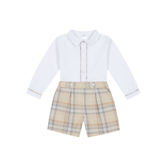Deolinda 'SAND' Beige Tartan Shorts & White Shirt