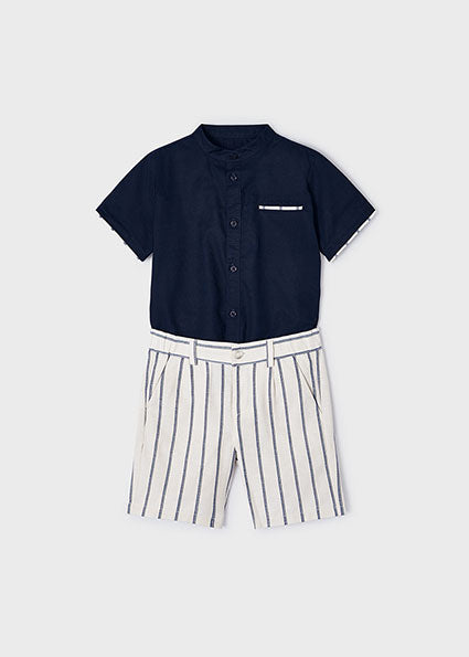 Pre-Order - Mayoral Boys Beige & Navy Stripe Shorts Set