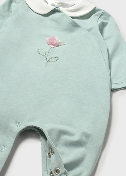 Pre-order Mayoral Baby Girl Rose Babygrow | Sage Green Babygrow With Rose Applique (0M–12M)