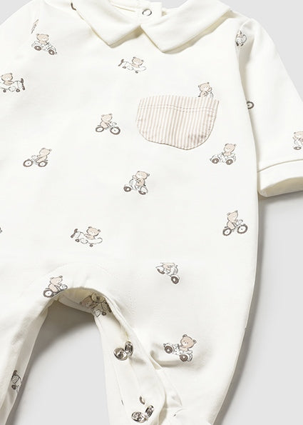 Mayoral Baby Boy Cream Teddy Print Babygrow | Cream Teddy Print Babygrow With Pocket (0M–12M)