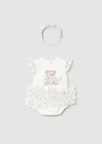 Mayoral Baby Girl Ivory Teddy Tulle Romper & Headband Set | Ivory Tulle Tutu Romper (0M–18M)