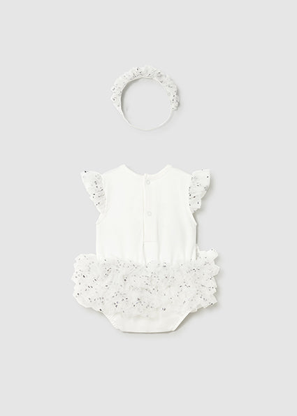 Mayoral Baby Girl Ivory Teddy Tulle Romper & Headband Set | Ivory Tulle Tutu Romper (0M–18M)