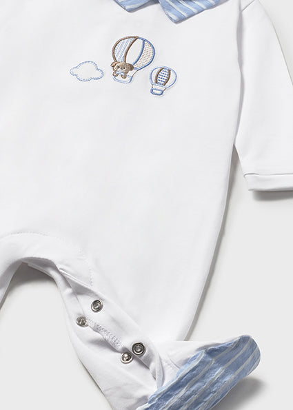Mayoral Baby Boy Hot Air Balloon Embroidered Babygrow | White & Green Hot Air Balloon Babygrow (0M–12M)