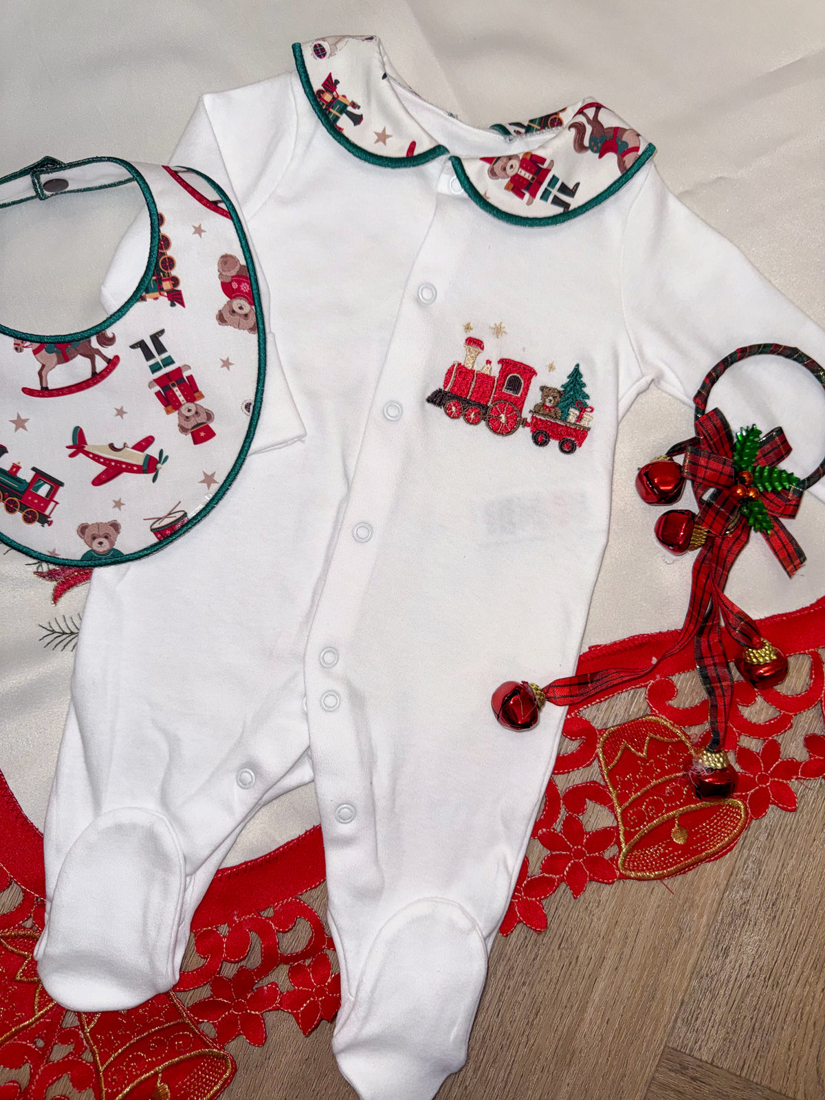 MADE TO ORDER The Christmas Express | Embroidered Babygrow & Bib Set