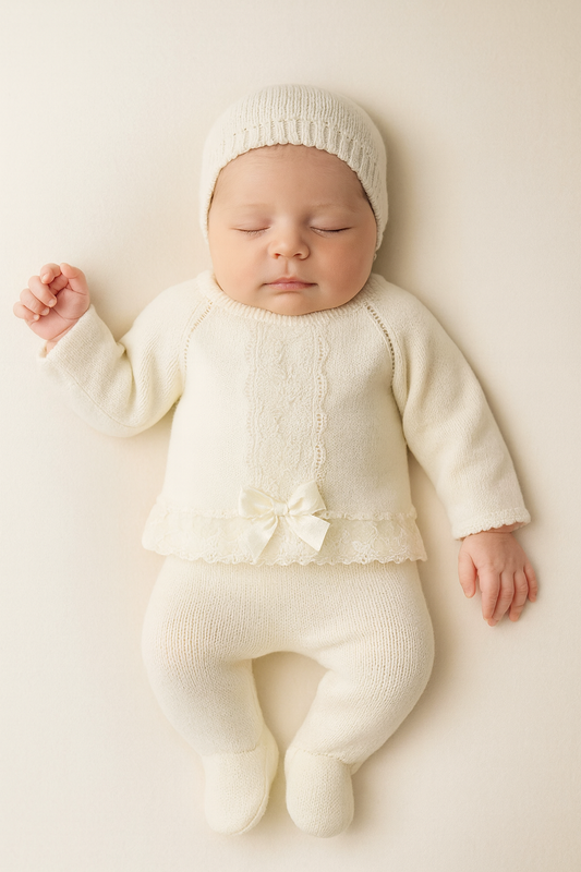 Ivory Lace Knit Baby Outfit with Bonnet | NB to 3-6M | 3-Piece Spanish-Style Set by Pex
