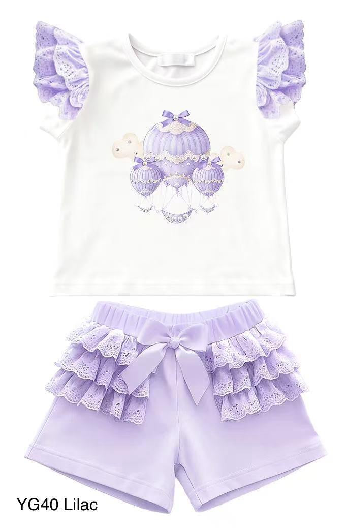 Girls Lilac ‘Hot Air Balloon’ Shorts Set with Bow Detail | Boutique Summer Outfit | Ages 1–8