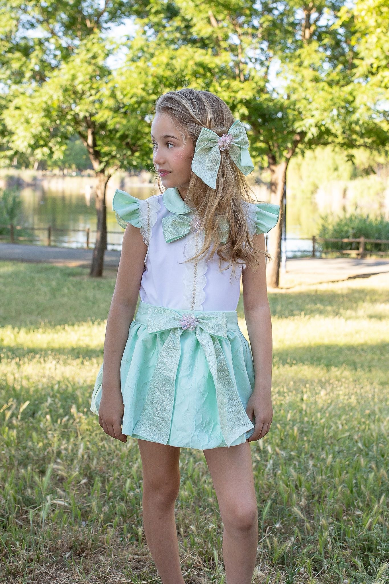 Naxos Girls Pastel Green Skirt Set | Garden Party Summer Skirt Set (5-12 Years)