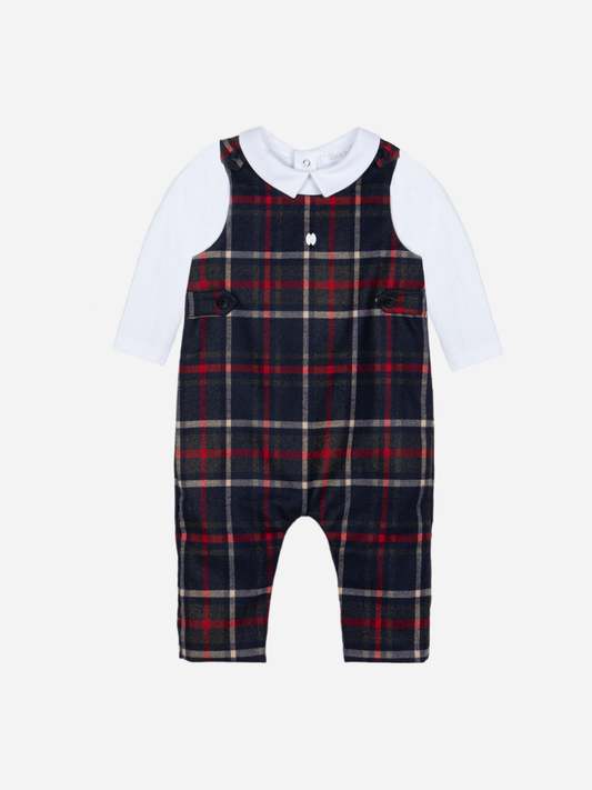 Patachou Boys Navy/Red Tartan & Interlock Dungeree | Winter Tartan Dungeree (6-24 Months)