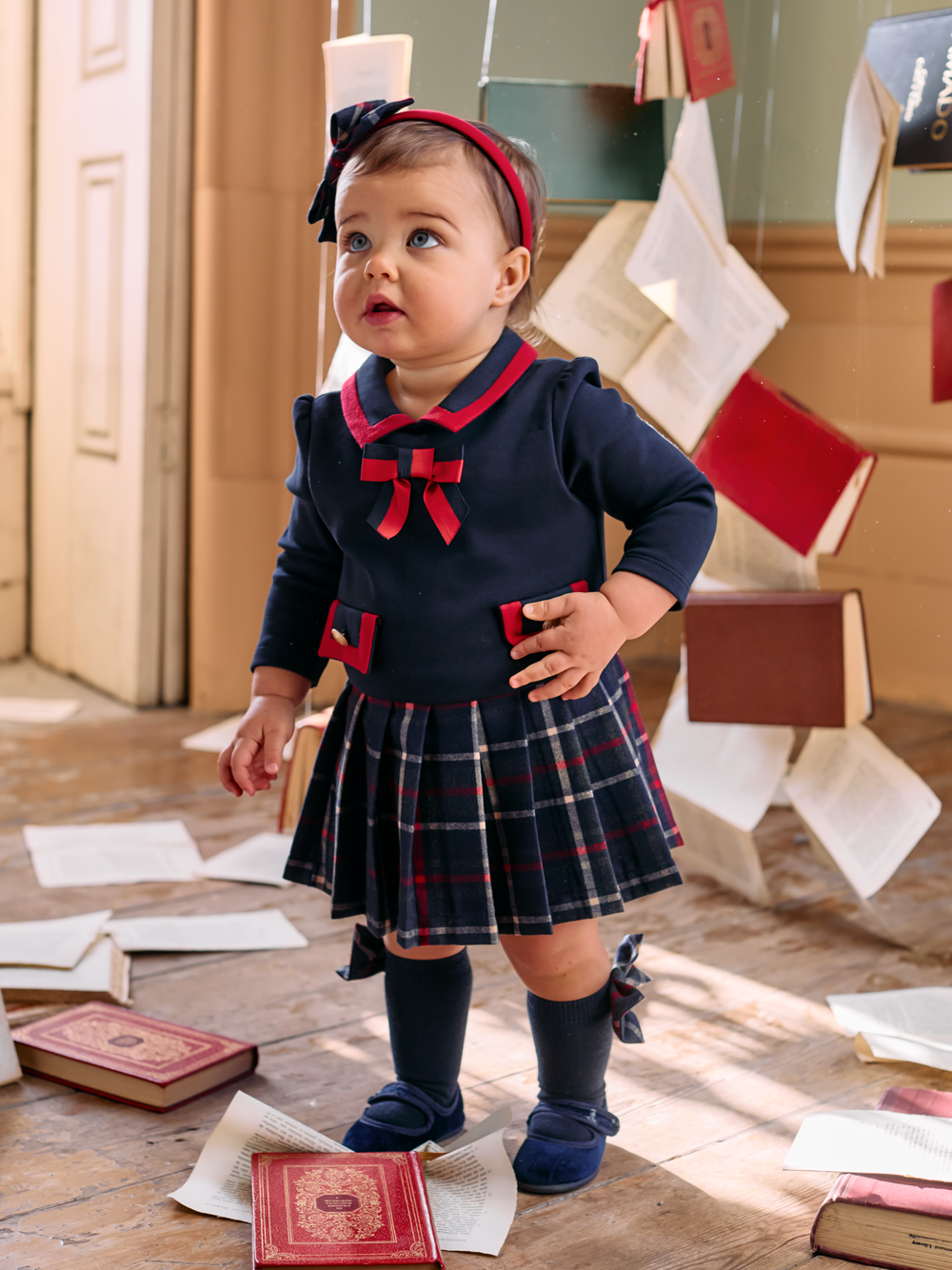 Patachou Girls Navy/Red Tartan & Interlock Dress | Winter Tartan Pleated Dress (2-8 Years)