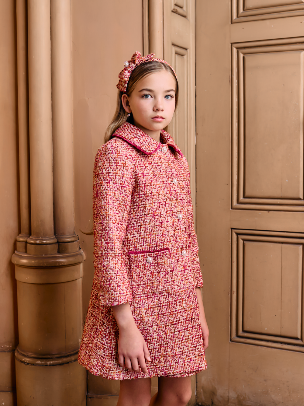 Patachou Girls Fuchsia Tweed Woven Dress Coat | Winter Tweed Dress Coat (6-12 Years)