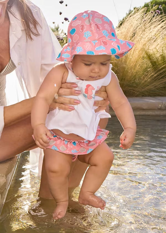 Mayoral Baby Girl 3-Piece Swim Set | Terracotta Orange Swimming Knicker Set & Hat (2-4M–18M)