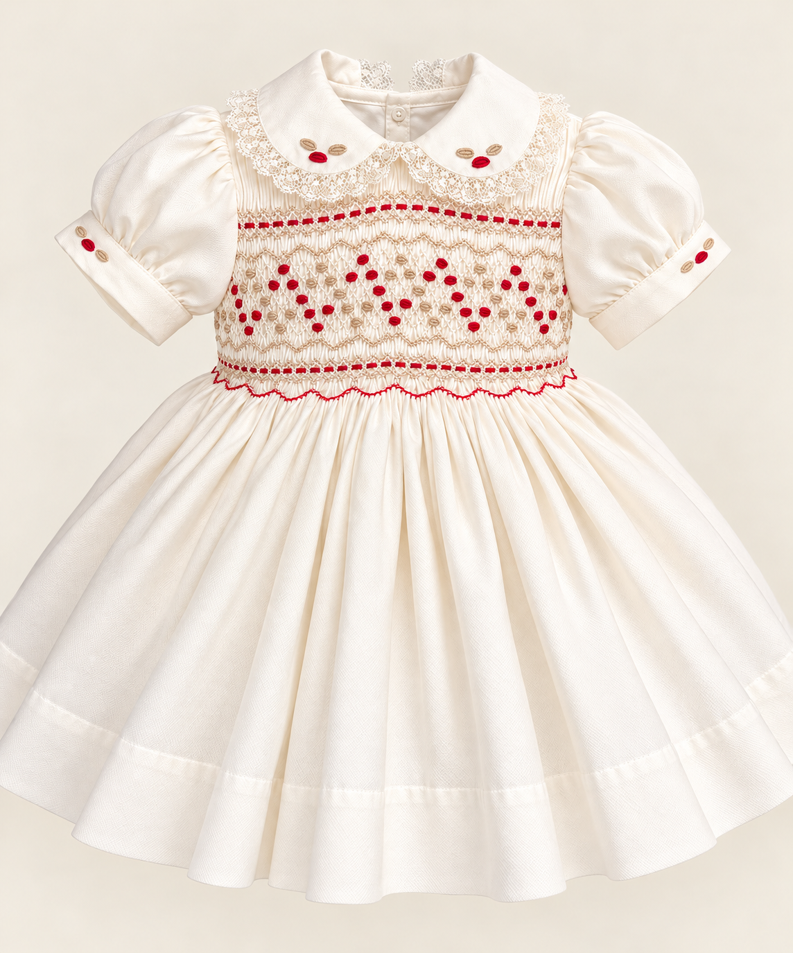 Christmas at Claridge's Collection - Ivory & Red Hand Smocked Girls Dress | 6m-6y