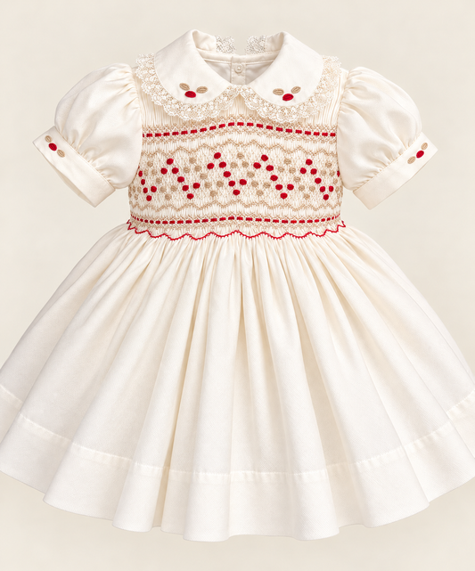 Christmas at Claridge's Collection - Ivory & Red Hand Smocked Girls Dress | 6m-6y