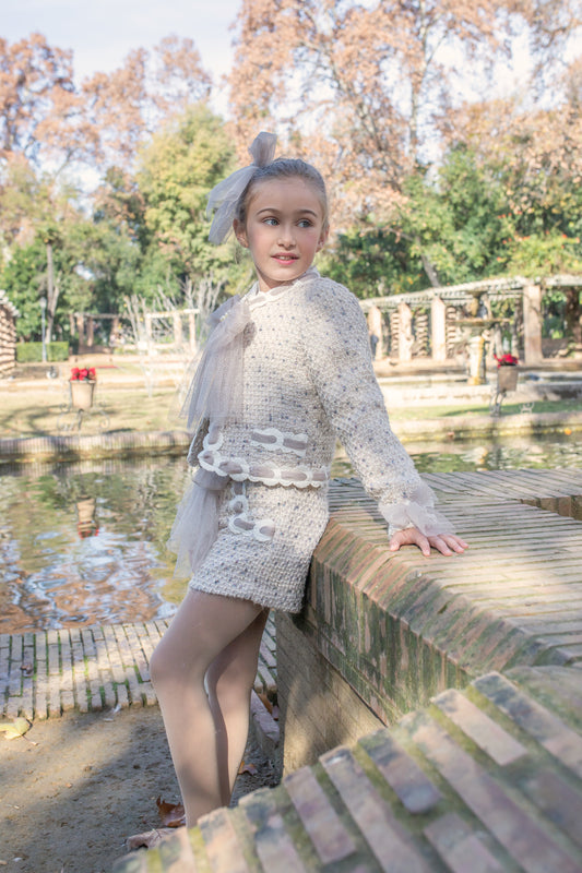 Naxos Girls 3-Piece Tweed Blazer, Shirt & Shorts Set | Champagne Sparkle Outfit with Bows & Jewel Detail (8–12 Years)
