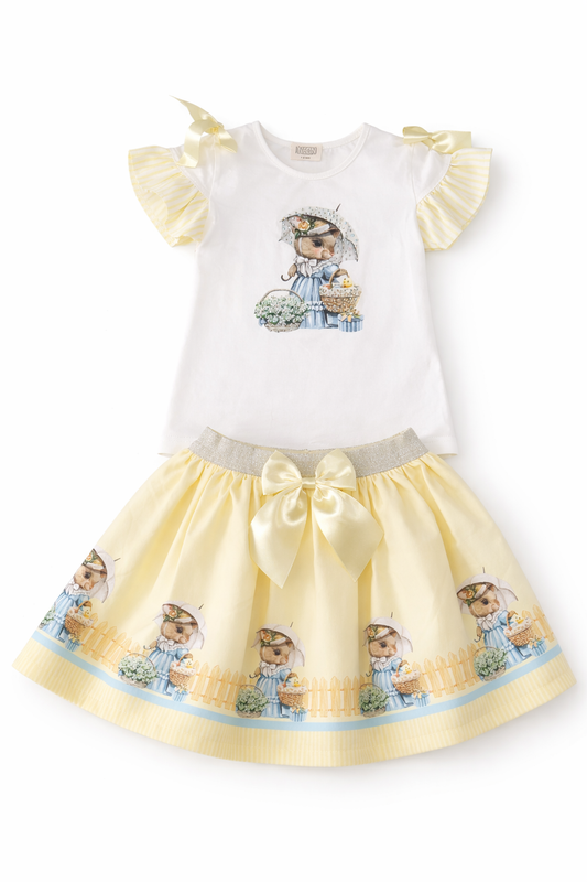Girls Yellow Bunny Print Skirt Set | Bow Detail Summer Outfit 2–8 Years