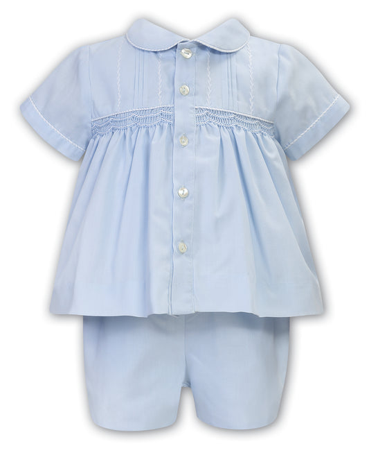 Sarah Louise Baby Boys French Blue Smocked Short Sleeved 2-Piece Shorts Set