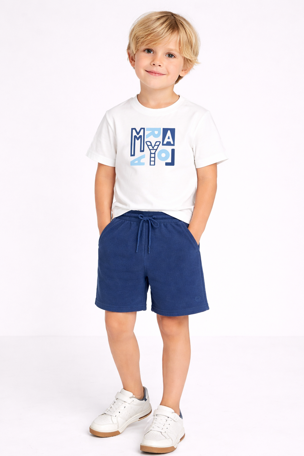 Mayoral Boys Logo White T Shirt & Ocean Shorts Set | Ocean Shorts Set 12M-4Y)