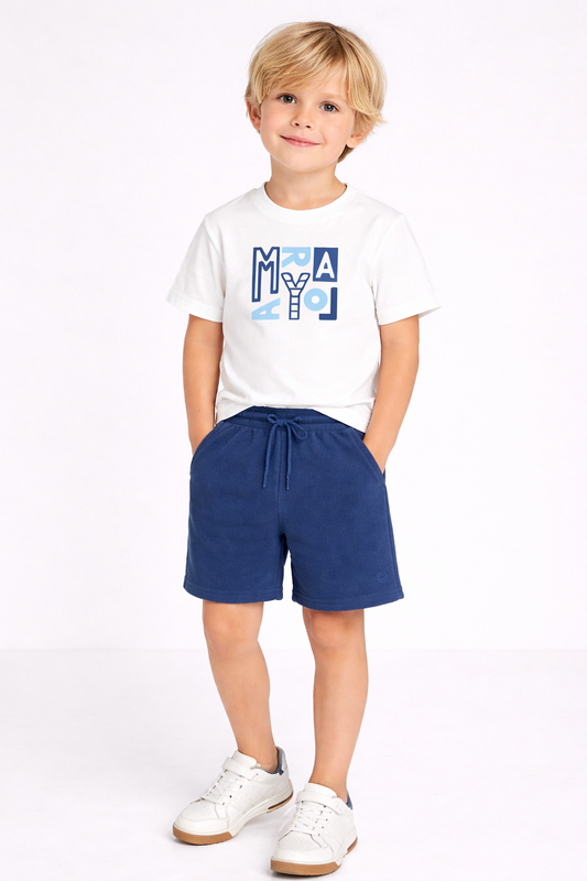 Mayoral Boys Logo White T Shirt & Ocean Shorts Set | Ocean Shorts Set 12M-4Y)