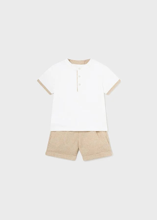 Mayoral Baby Boys White Grandad Collar T Shirt and Ochre Check Shorts Set