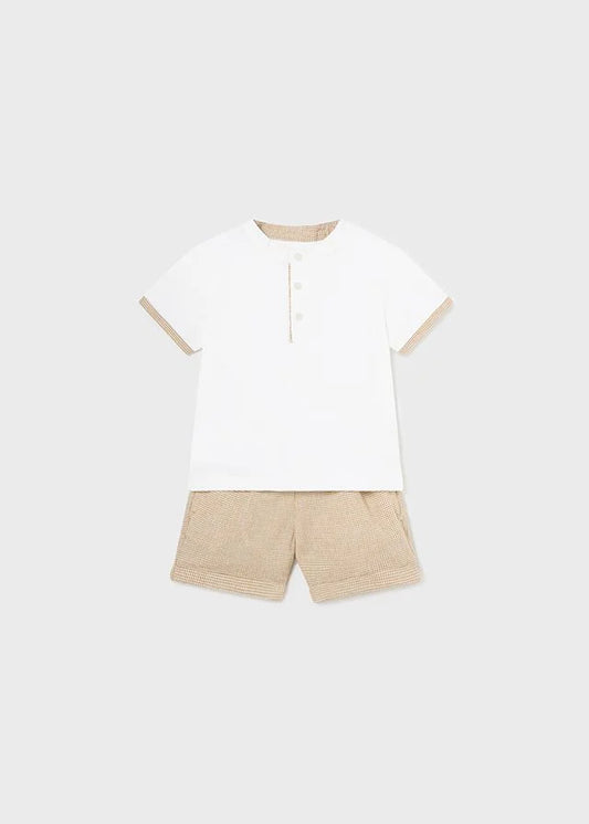 Mayoral Baby Boys White Grandad Collar T Shirt and Ochre Check Shorts Set
