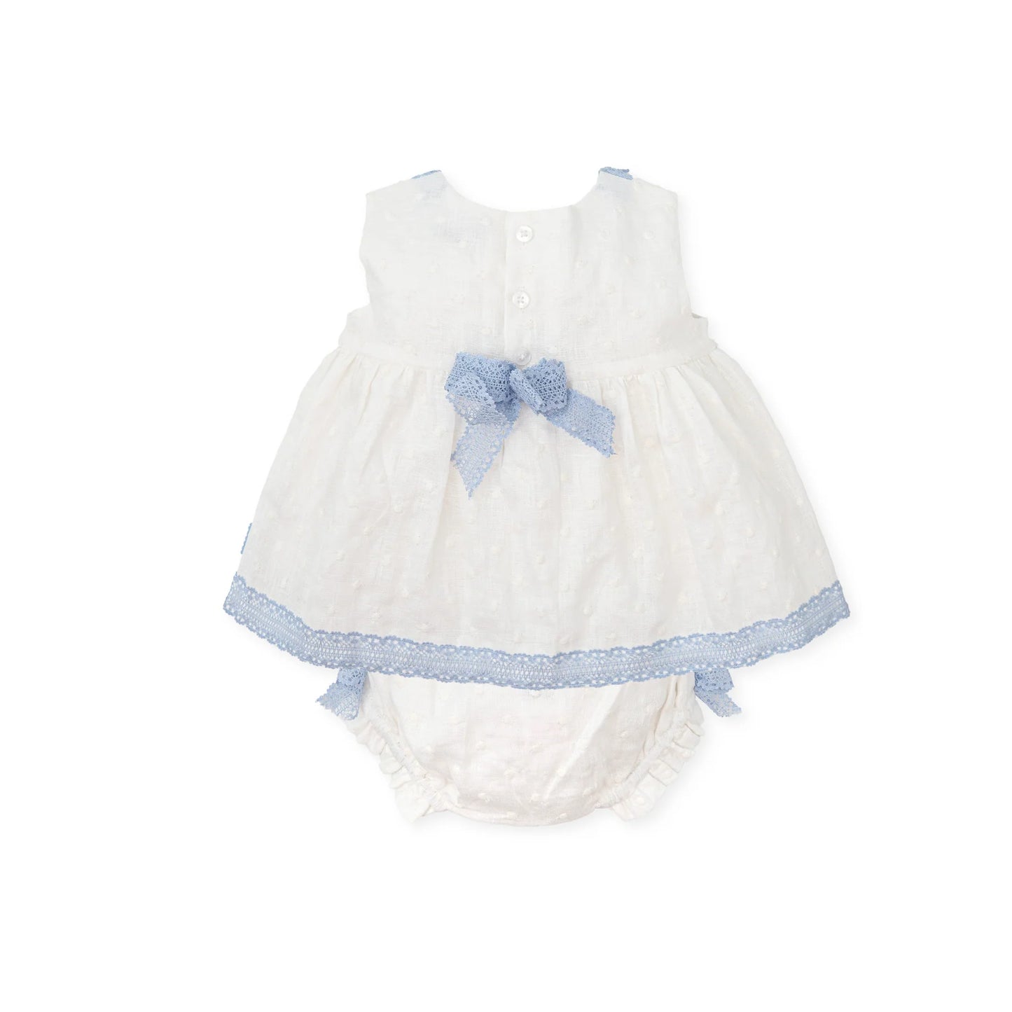 Tutto Piccolo Girls White Dress with Blue Frill & Knickers