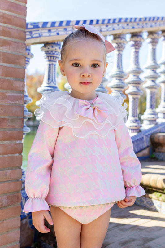 AW24 Naxos Baby Girls Pink/Gold Houndstooth Dress & Knickers