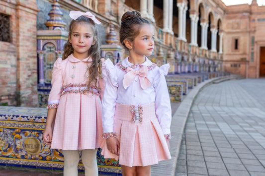 AW24 Naxos Girls Peach Tweed 3 Piece Skirt, Blouse and Blazer Set