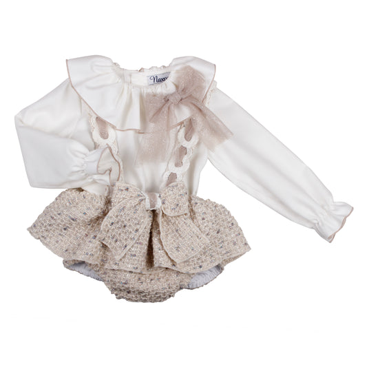 Naxos Baby Girls Cream Tweed  Bloomer Set | Luxury 2-Piece with Glitter Bow Detail (6M–2Y)