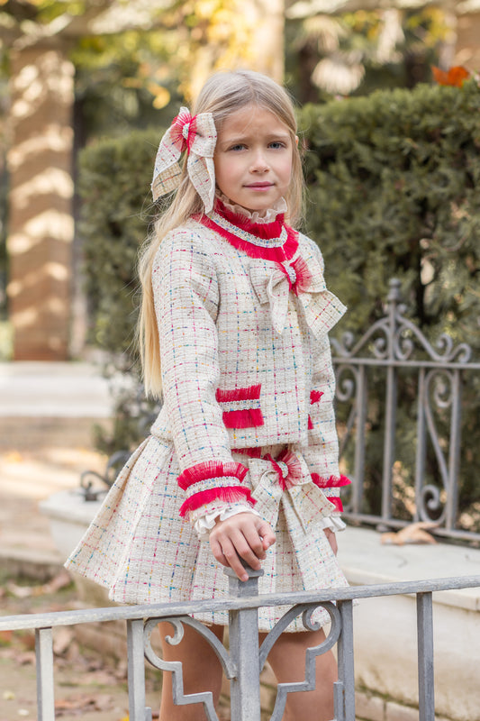 Naxos Girls 3-Piece Red & Cream Tweed Set | Blazer, Shirt & Skirt with Bow Detail (8-12 Years)