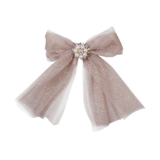 Naxos Girls Glitter Hair Bow in Taupe | Pearl & Diamanté Centrepiece (One Size)