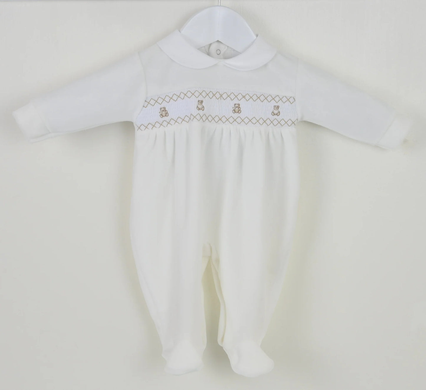 Pex Ivory Smocked Velour Teddy Sleepsuit | Prem to 3-6M